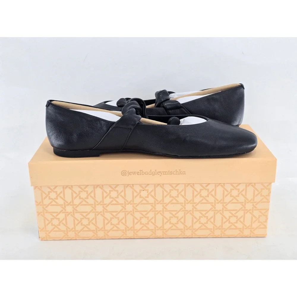 Jewel Badgley Mischka Taylore Flats Womens 7.5 Black Matte Leather Knot - New